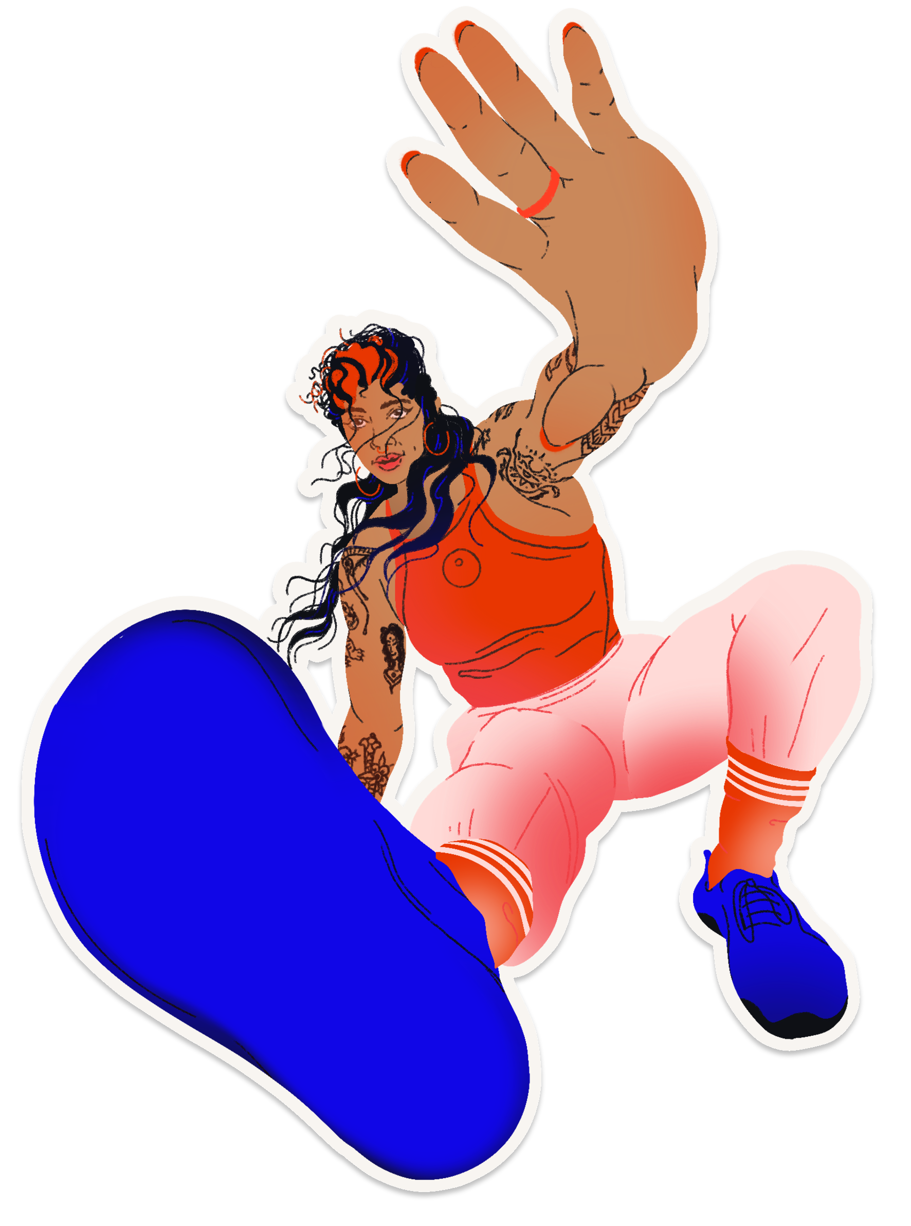 Sticker illustration of Olive in a crouched position with one hand and foot outstretched towards the viewer