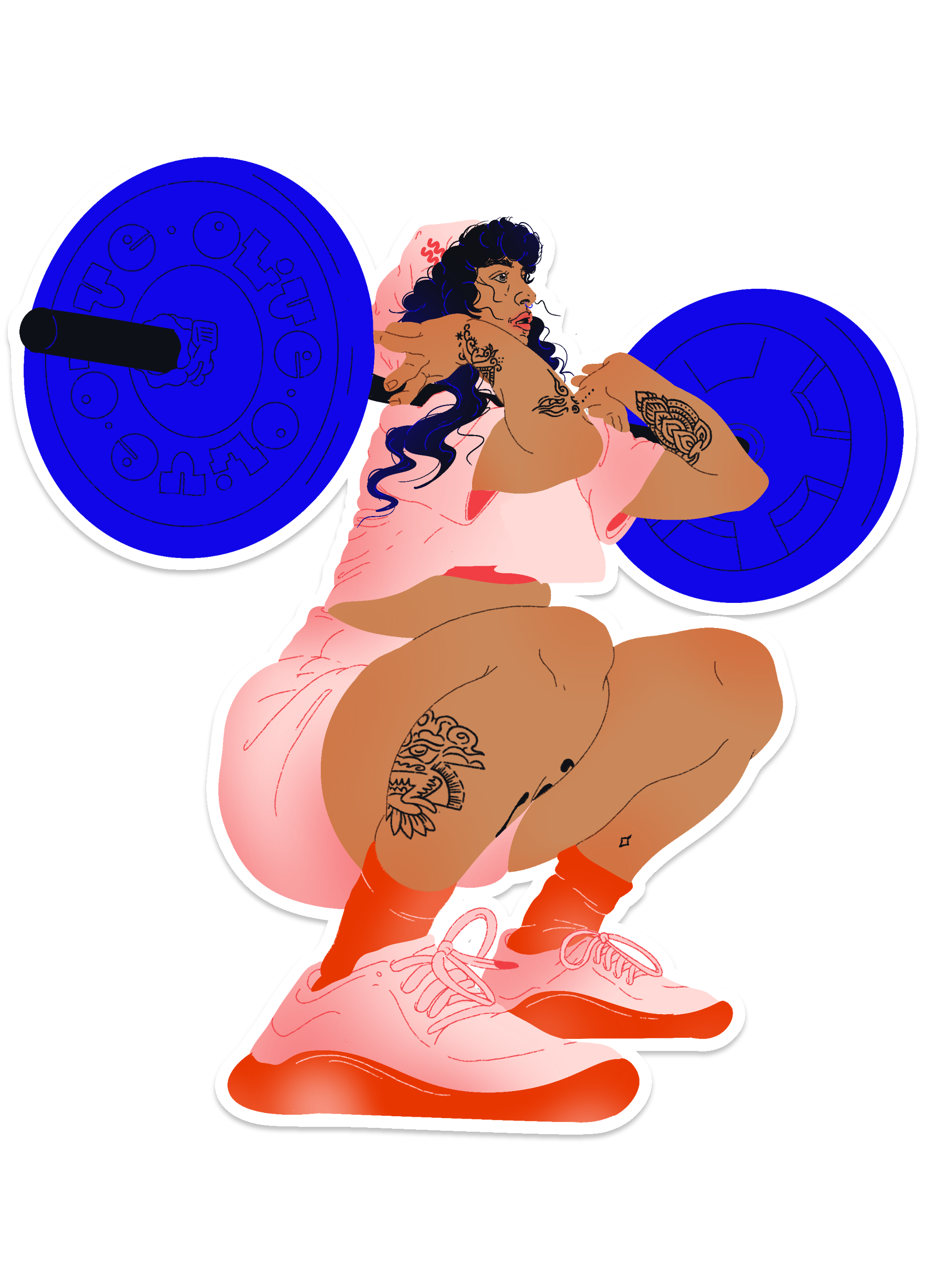 Sticker illustration of Olive squatting with a barbell